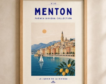 Könnte beinhalten: Ein gerahmter Kunstdruck mit einer Küstenszene von Menton, mit farbenfrohen Gebäuden, einem Segelboot auf blauem Wasser und einem Zitronenzweig im Vordergrund. Der Text lautet N 08 MENTON FRENCH RIVIERA COLLECTION und LE JARDIN DE LA RIVIERA.