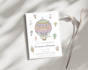 Vintage Hot Air Balloon Parisian Hand Drawn Baby Shower Invitation Template - Baby Girl - Editable on Canva
