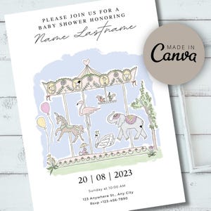Puede incluir: Una invitación a una fiesta de bienvenida al bebé con una ilustración caprichosa de un carrusel con un flamenco rosa, un unicornio, un elefante y un cisne. El texto de la invitación dice "Por favor, únase a nosotros para una fiesta de bienvenida al bebé en honor a Name Lastname. 20 | 08 | 2023. Domingo a las 10:00 AM. 123 Anywhere St., Any City. Rsvp +123-456-7890."