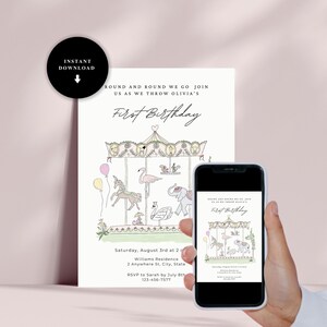 Puede incluir: Una invitación rosa y verde para una fiesta de primer cumpleaños con temática de carrusel. La invitación presenta una ilustración dibujada a mano de un carrusel con animales, globos y una pancarta que dice "Primer cumpleaños". El texto de la invitación dice: "Dando vueltas y vueltas vamos, únase a nosotros para celebrar el primer cumpleaños de Olivia. Sábado, 3 de agosto a las 2 Williams Residence 2 Anywhere St, Ciudad, Estado RSVP a Sarah antes del 8 de julio 123-456-7577"