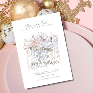 Ducha nupcial con candelabro elegante / Invitación a fiesta nupcial sofisticada / Plantilla Canva de tarjeta de ducha de boda personalizable / Dibujado a mano caprichoso
