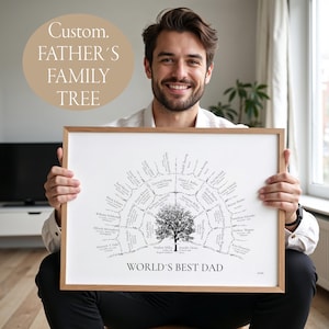 Könnte beinhalten: Ein gerahmter Familienstammbaum-Druck mit Holzrahmen. Der Druck zeigt ein Baumdesign mit Namen, die darum angeordnet sind. Der Text unten lautet „WORLD'S BEST DAD“. Oben auf dem Druck steht „Custom. FATHER'S FAMILY TREE“.