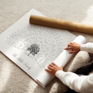 Peut inclure: Un arbre g&eacute;n&eacute;alogique en noir et blanc avec le texte "The Miller Family" et une illustration d'arbre. Le tableau est partiellement enroul&eacute;, avec un tube en carton marron &agrave; c&ocirc;t&eacute;. Le tableau est sur une surface blanche.
