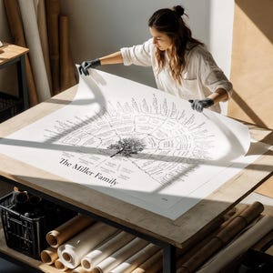 Peut inclure: Un grand arbre g&eacute;n&eacute;alogique en noir et blanc, intitul&eacute; "The Miller Family", est d&eacute;pli&eacute; sur une table en bois. Le graphique pr&eacute;sente un motif d'arbre avec des noms et des dates. Des rouleaux de papier et d'autres fournitures sont visibles en arri&egrave;re-plan.