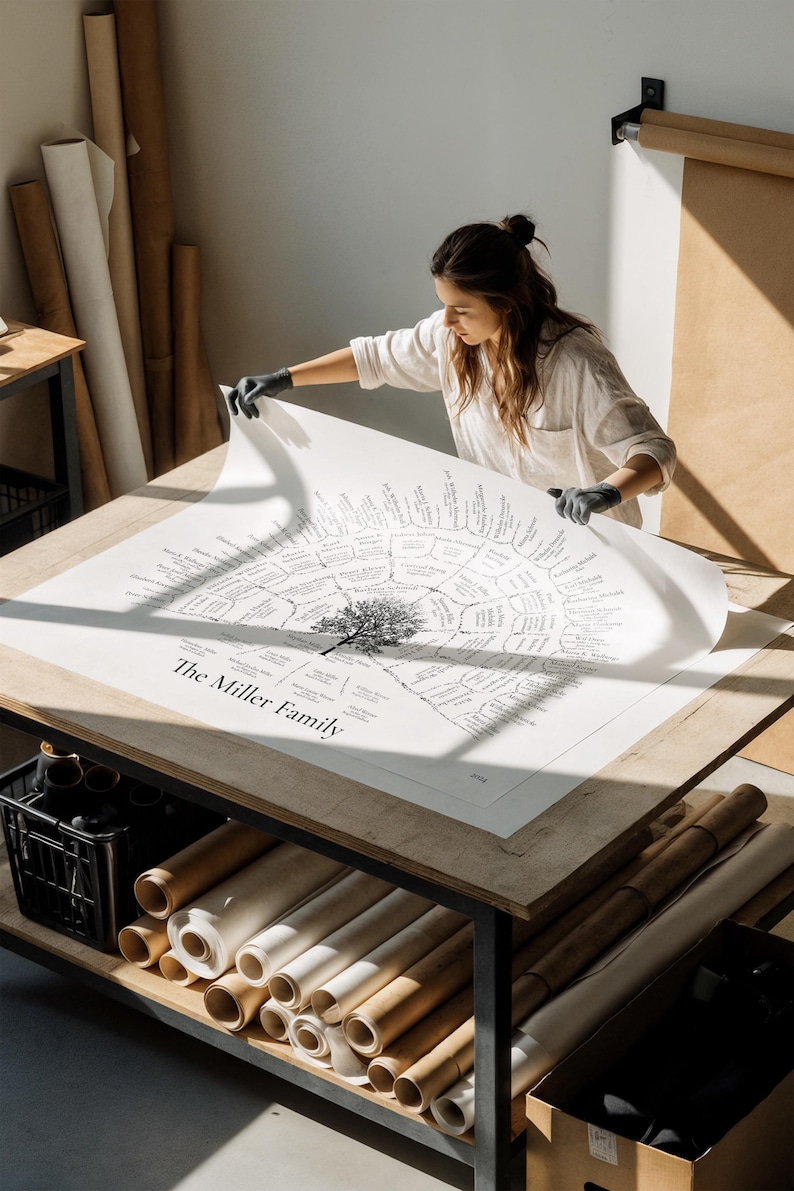 Peut inclure: Un grand arbre g&eacute;n&eacute;alogique en noir et blanc, intitul&eacute; "The Miller Family", est d&eacute;pli&eacute; sur une table en bois. Le graphique pr&eacute;sente un motif d'arbre avec des noms et des dates. Des rouleaux de papier et d'autres fournitures sont visibles en arri&egrave;re-plan.