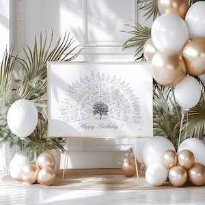 Peut inclure: Un tirage d'arbre g&eacute;n&eacute;alogique encadr&eacute; avec un cadre dor&eacute;, expos&eacute; sur un chevalet dor&eacute;. L'impression pr&eacute;sente un motif d'arbre avec des noms de famille et le texte "Happy Birthday!". Des ballons blancs et dor&eacute;s et de la verdure d&eacute;corent l'arri&egrave;re-plan.