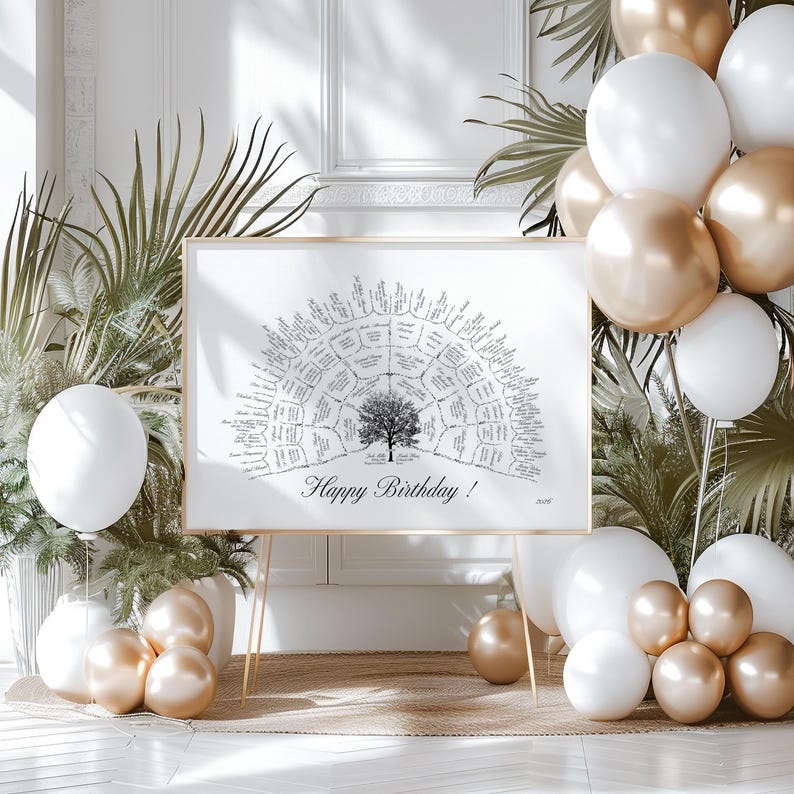 Peut inclure: Un tirage d'arbre g&eacute;n&eacute;alogique encadr&eacute; avec un cadre dor&eacute;, expos&eacute; sur un chevalet dor&eacute;. L'impression pr&eacute;sente un motif d'arbre avec des noms de famille et le texte "Happy Birthday!". Des ballons blancs et dor&eacute;s et de la verdure d&eacute;corent l'arri&egrave;re-plan.