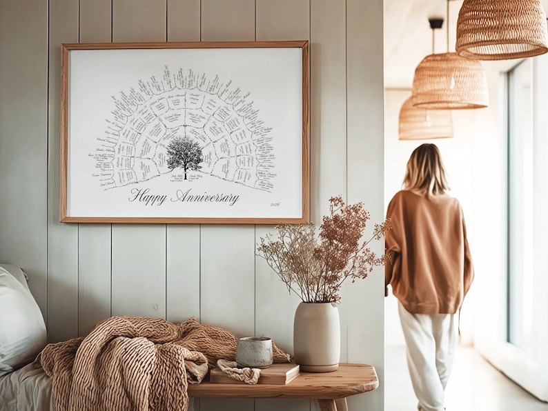 Peut inclure: Une affiche encadr&eacute;e avec un motif d'arbre et l'inscription "Happy Anniversary". L'affiche est dans un cadre en bois clair. L'image est accroch&eacute;e &agrave; un mur vert clair.