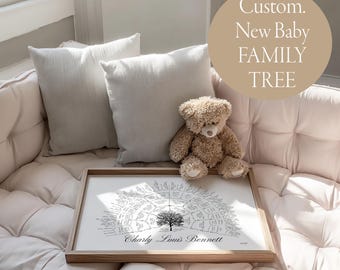 Arbre généalogique personnalisé avec nouveau-né | Impression d'arbre généalogique sur mesure | Cadeau de naissance | Décoration murale patrimoine familial