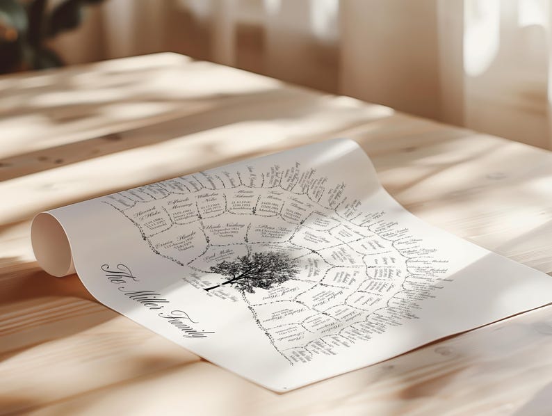 Peut inclure: Un arbre g&eacute;n&eacute;alogique enroul&eacute;, avec une illustration d'arbre au centre et des noms de famille dispos&eacute;s en cercle. Le texte "The Miller Family" est imprim&eacute; en &eacute;criture cursive. Le graphique est pos&eacute; sur une surface en bois clair.