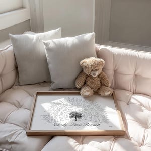 Peut inclure: Impression d'arbre g&eacute;n&eacute;alogique encadr&eacute;e avec le nom "Charly Louis Bennett" en bas. L'impression est sur fond blanc avec un motif d'arbre et du texte. Un ours en peluche et deux coussins clairs reposent sur un canap&eacute; clair.