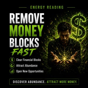 Può includere: Grafica digitale con il testo "REMOVE MONEY BLOCKS FAST" in bianco e verde. L'immagine include un uomo con mani luminose, un simbolo del dollaro luminoso e le frasi "Clear Financial Blocks", "Attract Abundance" e "Open New Opportunities".
