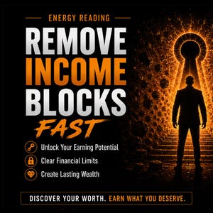 以下が含まれることがあります： 上部に「ENERGY READING」の文字が入ったデジタルグラフィック。 「REMOVE INCOME BLOCKS FAST」の文字は、大きなオレンジ色と白の文字で表示されています。 光る鍵穴の前に立っている人のシルエット。 テキストは「Unlock Your Earning Potential, Clear Financial Limits, Create Lasting Wealth」と書かれています。