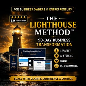 Puede incluir: Imagen promocional de "The Lighthouse Method" con un faro al atardecer. La imagen incluye un teléfono inteligente, una computadora portátil y una tableta que muestran la interfaz del programa. El texto incluye "90-Day Business Transformation".