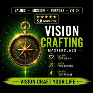 May include: A digital graphic with a compass and the words "Vision Crafting Masterclass." The compass is gold with a green background. The text includes "Clarify Your Vision," "Align Your Actions," and "Create Your Future."