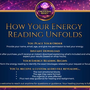 May include: A digital graphic with a dark blue background and gold text that reads "How Your Energy Reading Unfolds." The graphic details the process, including ordering, instant download, and a custom audio file revealing emotional blocks and affected areas.