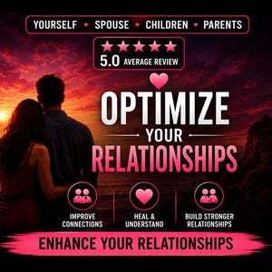 Könnte beinhalten: Eine digitale Grafik mit einem Sonnenuntergang über dem Ozean und einem Paar, das zusammensteht. Der Text enthält: YOURSELF, SPOUSE, CHILDREN, PARENTS, 5.0 AVERAGE REVIEW, OPTIMIZE YOUR RELATIONSHIPS, IMPROVE CONNECTIONS, HEAL & UNDERSTAND, BUILD STRONGER RELATIONSHIPS, ENHANCE YOUR RELATIONSHIPS.