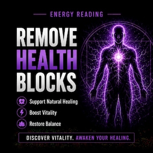 Pode incluir: Gráfico digital com o texto "REMOVE HEALTH BLOCKS" em branco e roxo. A imagem inclui uma figura humana silhueta com linhas de energia roxas e as palavras "Support Natural Healing", "Boost Vitality" e "Restore Balance". A frase "DISCOVER VITALITY. AWAKEN YOUR HEALING." também está presente.