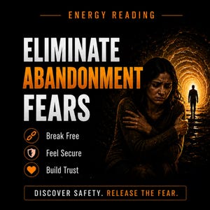 Może przedstawiać: Obraz z tekstem "ENERGY READING" na górze. Słowa "ELIMINATE ABANDONMENT FEARS" są dużymi białymi i pomarańczowymi literami. Poniżej znajdują się frazy "Break Free", "Feel Secure" i "Build Trust". Tekst na dole brzmi "DISCOVER SAFETY. RELEASE THE FEAR."