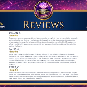 May include: A digital graphic with a dark blue background features the text "REVIEWS" in gold. The image includes customer testimonials and a "Star Seller" badge. The top banner reads "The Emotional Reset".