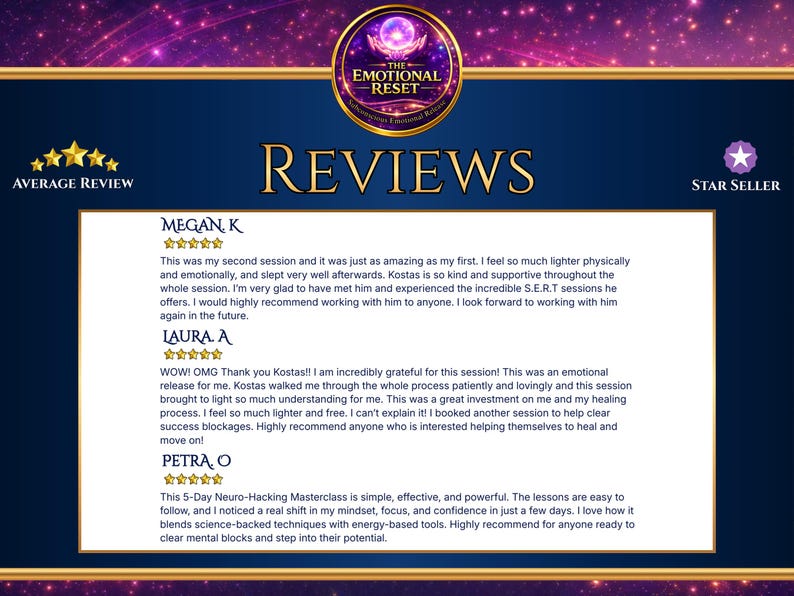 May include: A digital graphic with a dark blue background features the text "REVIEWS" in gold. The image includes customer testimonials and a "Star Seller" badge. The top banner reads "The Emotional Reset".
