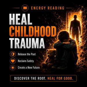 May include: An advertisement with the text "HEAL CHILDHOOD TRAUMA" in orange and white. The image shows a child with a teddy bear, and a figure in a doorway with bright light. The text also includes "Release the Past", "Reclaim Safety", and "Create a New Future."