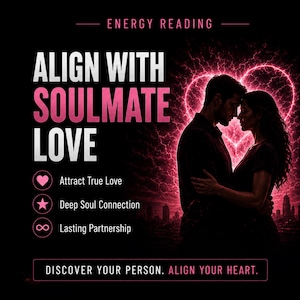 Pode incluir: Gráfico digital com o texto "ALIGN WITH SOULMATE LOVE" em branco e rosa. A imagem apresenta uma silhueta de um casal abraçado, contra um coração rosa brilhante e uma paisagem urbana. O texto inclui "Attract True Love", "Deep Soul Connection" e "Lasting Partnership".