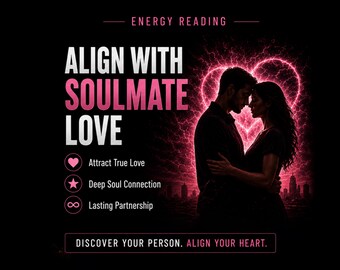 May include: A digital graphic with the text "ALIGN WITH SOULMATE LOVE" in white and pink. The image features a silhouette of a couple embracing, set against a glowing pink heart and a cityscape. The text includes "Attract True Love," "Deep Soul Connection," and "Lasting Partnership."