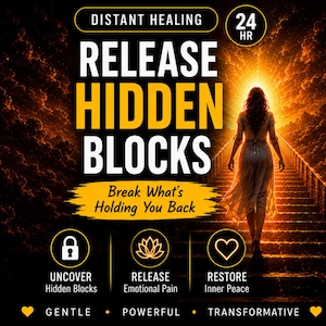 Może przedstawiać: Grafika cyfrowa z tekstem „RELEASE HIDDEN BLOCKS” i „Break What's Holding You Back”. Kobieta wchodzi po schodach w kierunku jasnego światła. Ikony obejmują kłódkę, kwiat lotosu i serce.