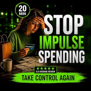 Puede incluir: Un gráfico digital que muestra a una persona sosteniendo una tarjeta de crédito con el texto 20 MIN, STOP IMPULSE SPENDING, 5.0 AVERAGE REVIEW y TAKE CONTROL AGAIN. La imagen incluye una bolsa de papel marrón y una taza beige sobre una superficie oscura.