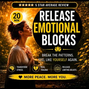 Puede incluir: Imagen con texto que dice "RELEASE EMOTIONAL BLOCKS". Una mujer aparece en la imagen con los ojos cerrados y las manos en el pecho. La imagen también incluye el texto "TRANSFORM STRESS", "HEAL TRAUMA" y "RELEASE LIMITING BELIEFS".