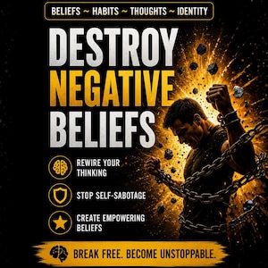 May include: A motivational poster in black and gold. The central message is "DESTROY NEGATIVE BELIEFS", with supporting text: "REWIRE YOUR THINKING", "STOP SELF-SABOTAGE", and "CREATE EMPOWERING BELIEFS". The image shows a man breaking chains.