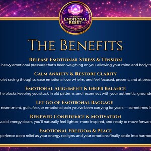 May include: A navy blue graphic with the text "THE BENEFITS" and a list of benefits including stress relief, anxiety reduction, and emotional freedom. The image has a dark blue background with a purple and gold design.