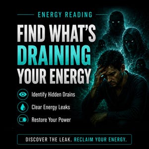 May include: An advertisement with a black background and teal and white text. The text reads "Energy Reading" and "Find What's Draining Your Energy." A distressed person is depicted with shadowy figures and lightning. The ad promises to identify hidden drains, clear energy leaks, and restore power.