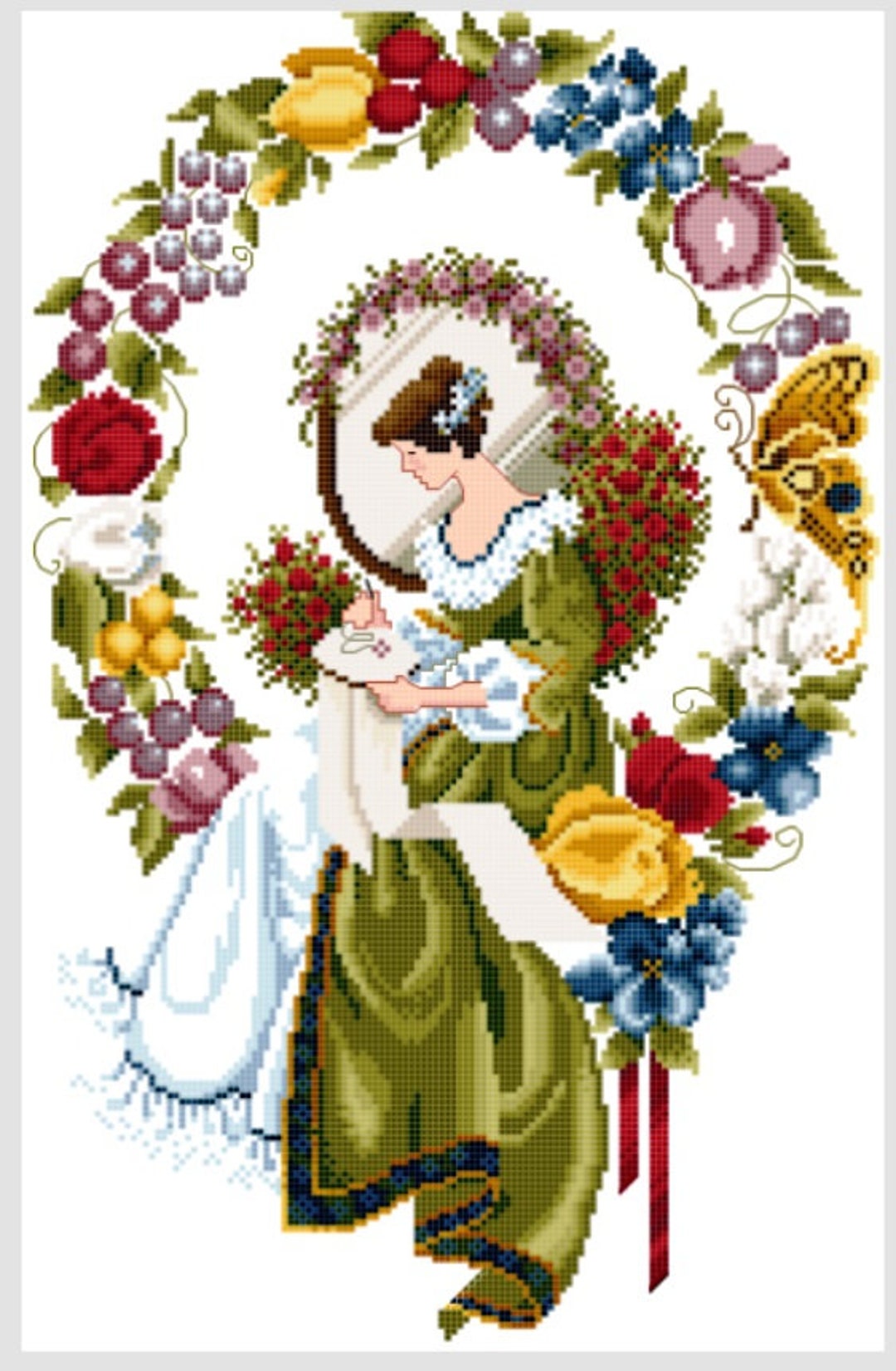Printable PDF Cross Stitch Pattern Lady Thread Wreath Miss Queen ...