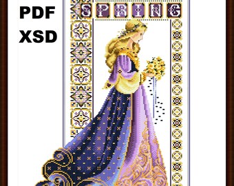 PDF + XSD Cross Stitch Pattern Spring Seasons Lady Miss Queen Woman Dress X-Stitch Chart Schema digitale punto croce Donna Dama "Other SIDE"