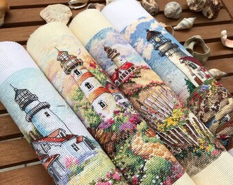 Set of 4 PDF Cross Stitch Patterns Lighthouse beach sea 4 cross stitch patterns basket Lighthouses Flowers Sea Cliff Landscape Printable