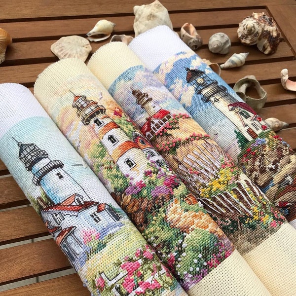 Set of 4 PDF Cross Stitch Patterns Lighthouse beach sea 4 cross stitch patterns basket Lighthouses Flowers Sea Cliff Landscape Printable