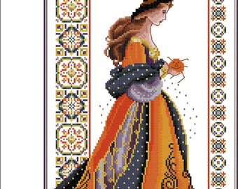 Printable PDF Cross Stitch Pattern Halloween Autumn Witch Enchantress Seasons Counted Lady Miss Queen Digital cross stitch pattern Woman Lady