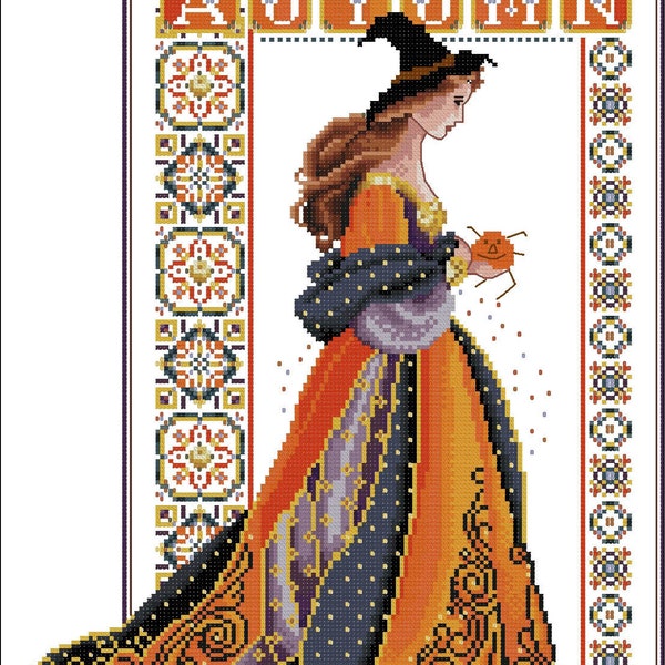 Printable PDF Cross Stitch Pattern Halloween Autumn Witch Enchantress Seasons Counted Lady Miss Queen Digital cross stitch pattern Woman Lady