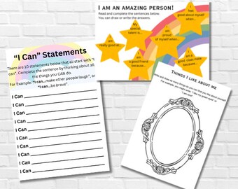 Digital Download, Self Esteem Work Sheets, Pack of 3, Self Confidence Help For Children, Instant Download