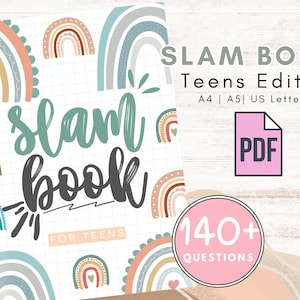 Puede incluir: Una descarga digital imprimible de un "Slam Book" para adolescentes. La portada presenta un diseño de arcoíris colorido con el texto "Slam Book for Teens" y "140+ Preguntas".