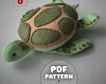 Wzór na żółwia PDF i SVG Wzór na zwierzęta oceaniczne Wzór na żółwia morskiego Łatwy wzór i samouczek Zabawki ze zwierząt morskich Zabawki z filcu pod morzem