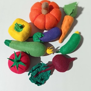 May include: A collection of colorful felt vegetables, including a pumpkin, carrot, tomato, zucchini, eggplant, beet, and bell pepper. The handmade vegetables are arranged on a white surface, showcasing their vibrant colors and textures.