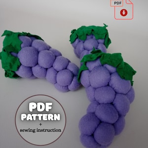 PDF digital download sewing pattern, felt play food pattern, felt embroidery pattern, grapes pattern, amigurumi fruit, grape bunch toy
