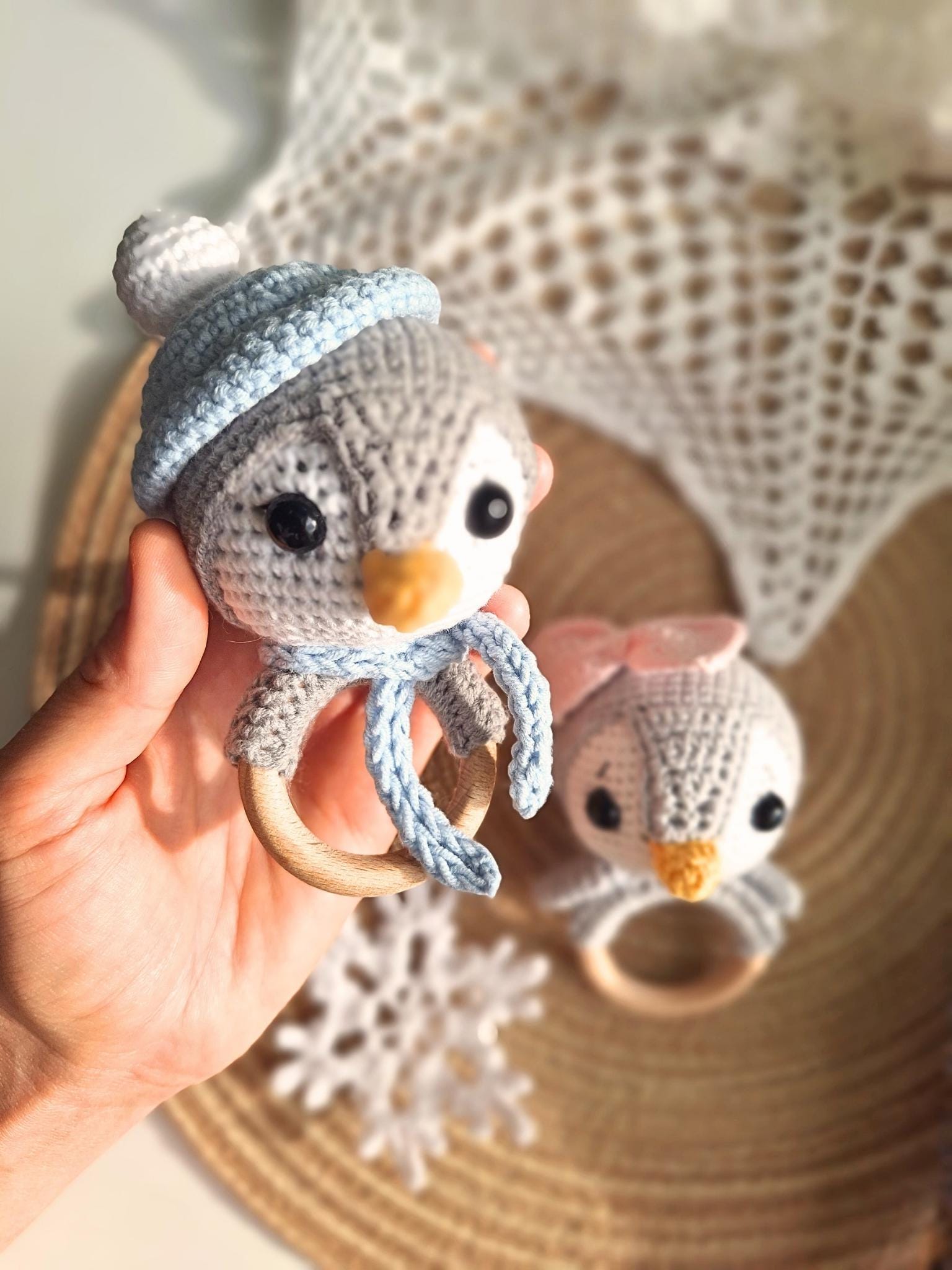 Personalized Crochet Baby Rattle Toy, Animal Crochet Baby Rattle, Baby Shower Gift, Wooden Rattle Toy, Rattle Ring with Name