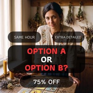 May include: A beige long-sleeved shirt with floral embroidery, worn by a person standing behind a wooden table with tarot cards, yellow candles, and dried herbs. Text overlays read: SAME HOUR, EXTRA DETAILED, OPTION A OR OPTION B?, 75% OFF.