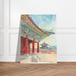 Aquarel schilderij Gyeongbokgung Paleis Seoul | Traditionele Koreaanse architectuur Art Print | Zuid-Korea reisdecor | Aziatische illustratie