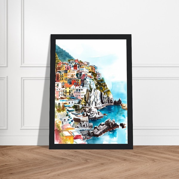 Watercolor Painting Cinque Terre | Italian Riviera Seascape Poster | Watercolor Italie Coast | Travel Art Illustration