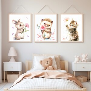 Set de 3 Pósters Infantiles | Póster Trío Animales Bebés | Ilustraciones en acuarela Flores | Decoración de la habitación del bebé | Lindos animales bebes